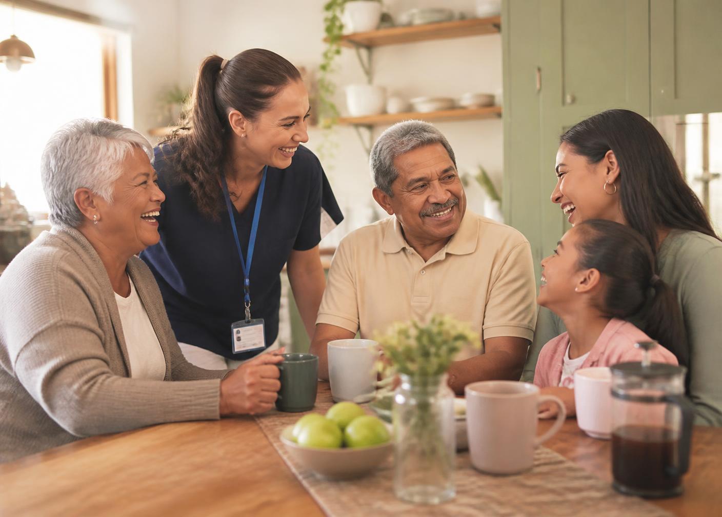 A UHHCA caregiver laughing with a multigenerational family around a kitchen table